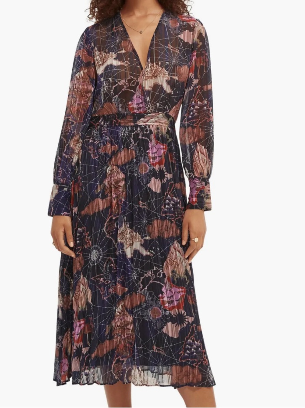 Scotch & Soda Floral Printed Pleated Long-Sleeve Midi Shirt Dress - Never Worn